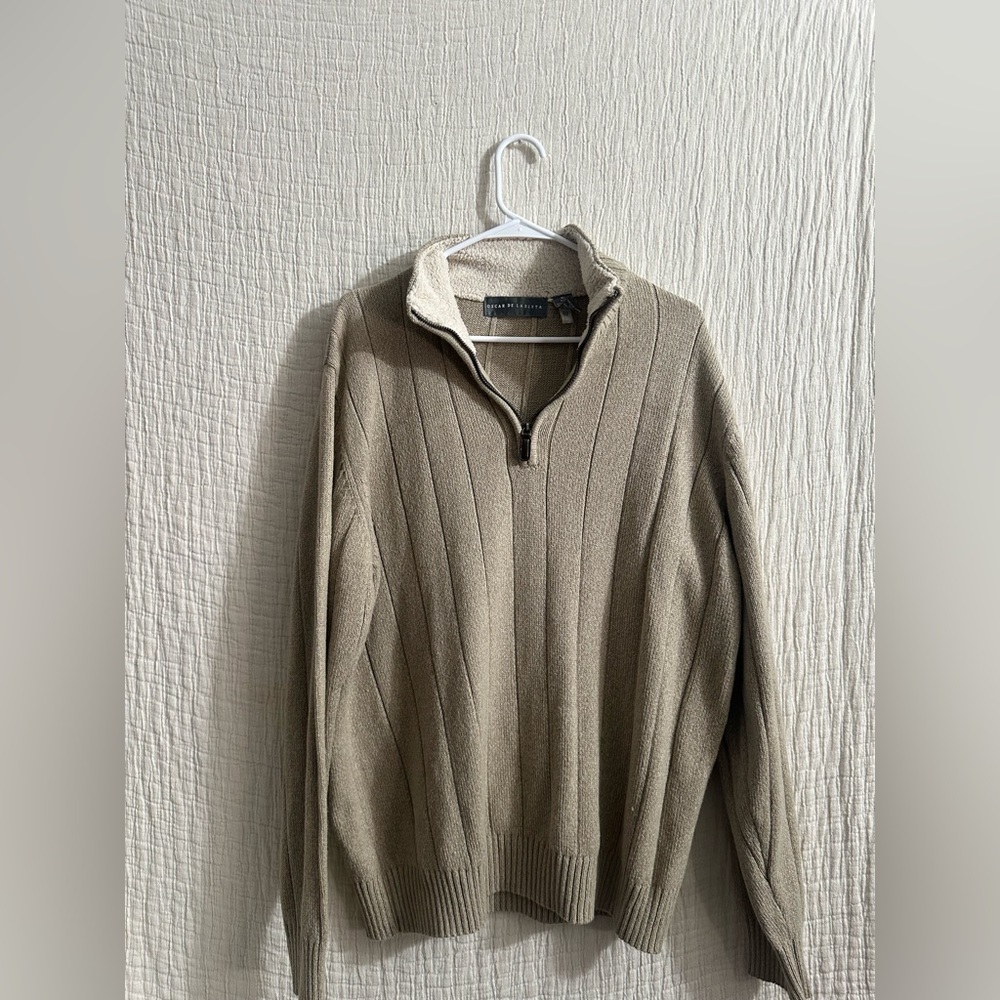 Oscar de la Renta men's taupe half-zip knit sweater